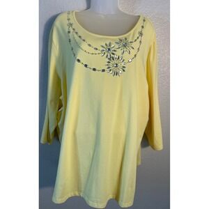 Quacker Factory Womens 3X Top Yellow Rhinestone Embellished 3/4 Sleeve Knit